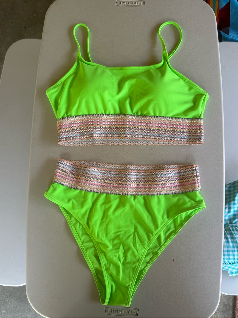 SHEIN Neon Green Two-Piece Bikini with Zigzag Waistband